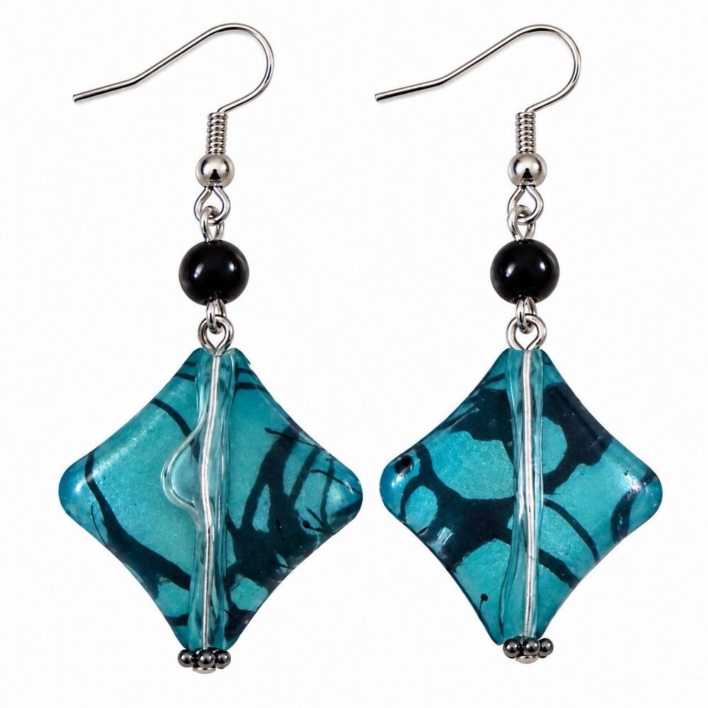 Teal Marbled Dangle Earrings Black Bead Geometric Diamond Silver Tone Boho